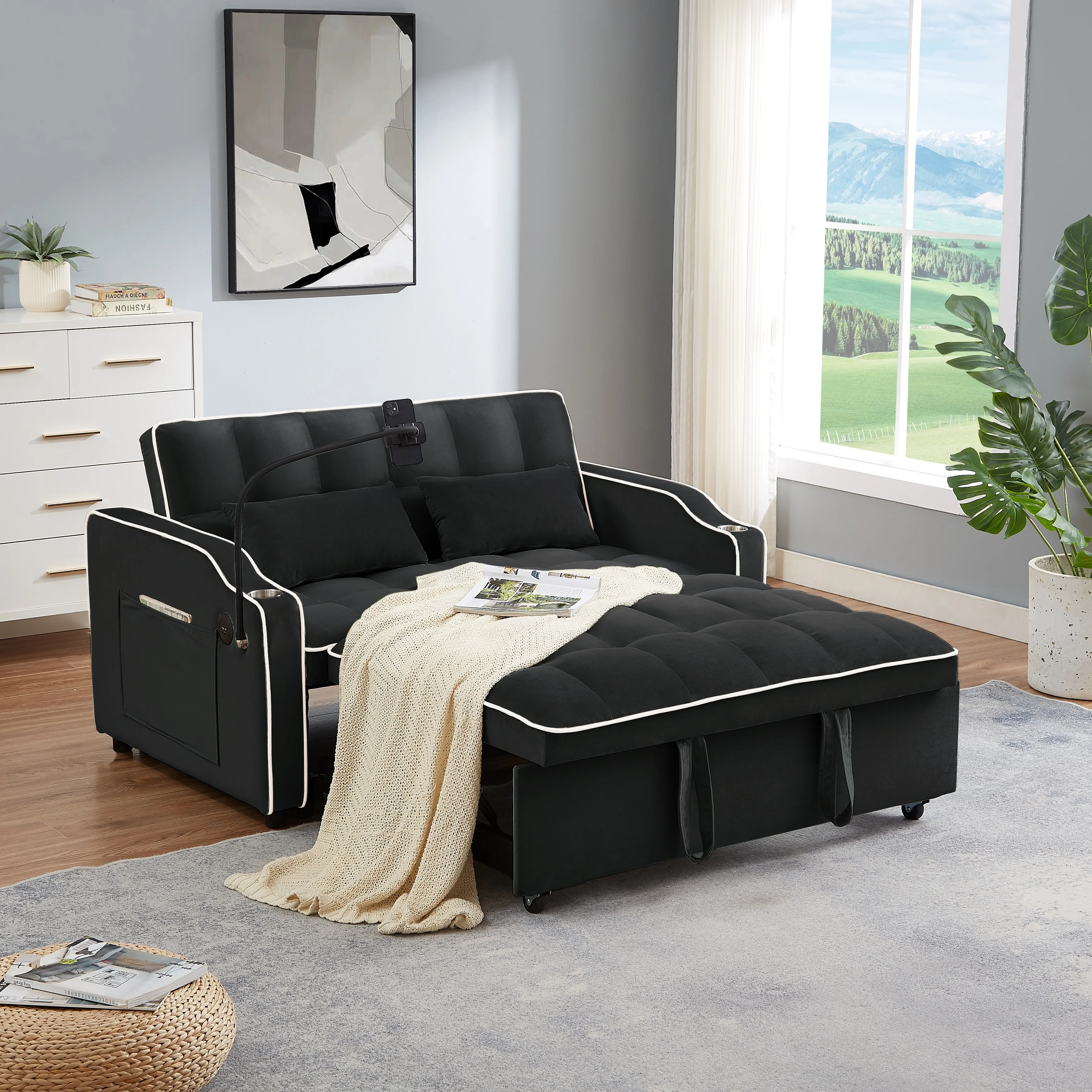 Versatile foldable Velvet sofa bed with Adjustable Back USB Port Phone Stand