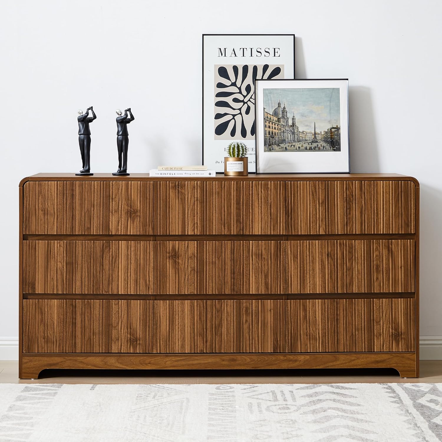 MERRYBERRY Fluted Dresser for Bedroom with 9 Drawers,63 Wide Modern Chest of Drawers with Curved Profile & Deep Drawer,Large Wood TV Dresser for Bedroom Living Room