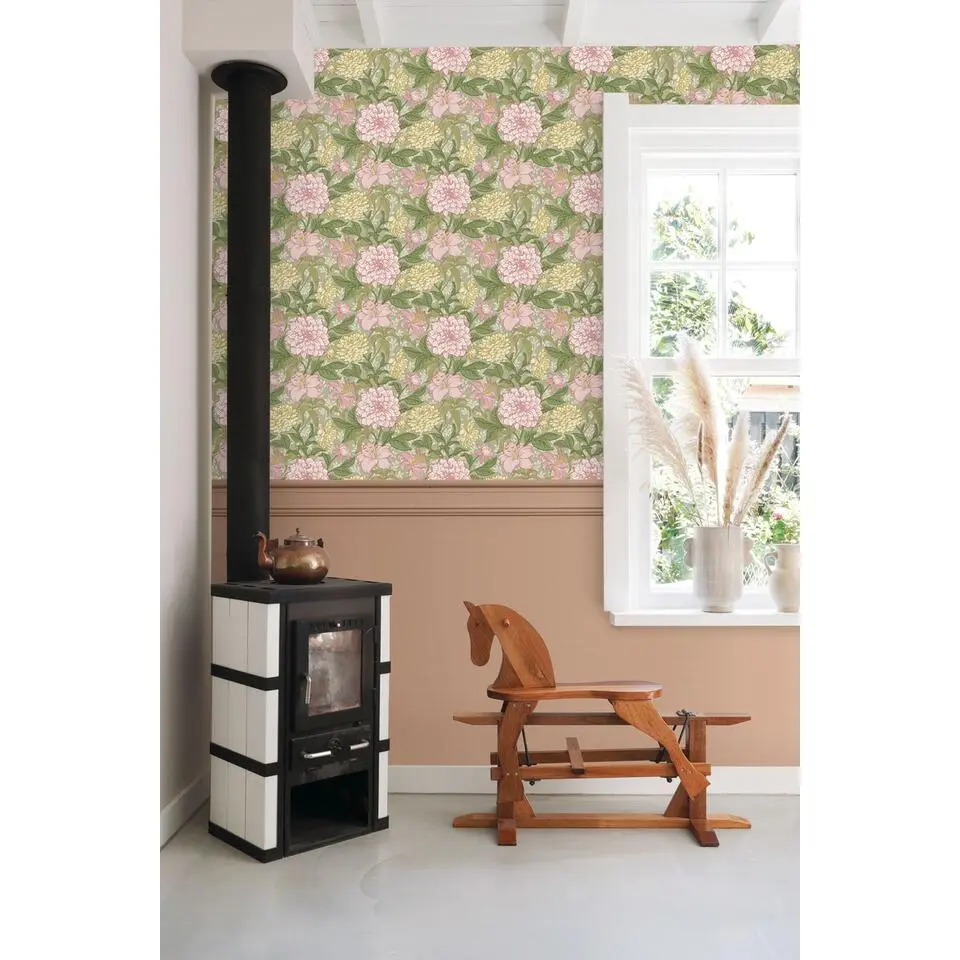 ESTAhome behang vintage bloemen paars, groen en geel - 50 x 900 cm