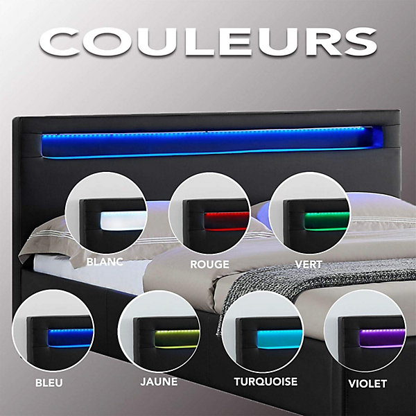 Lit Double Noir avec Eclairage LED et Sommier 140x190 cm