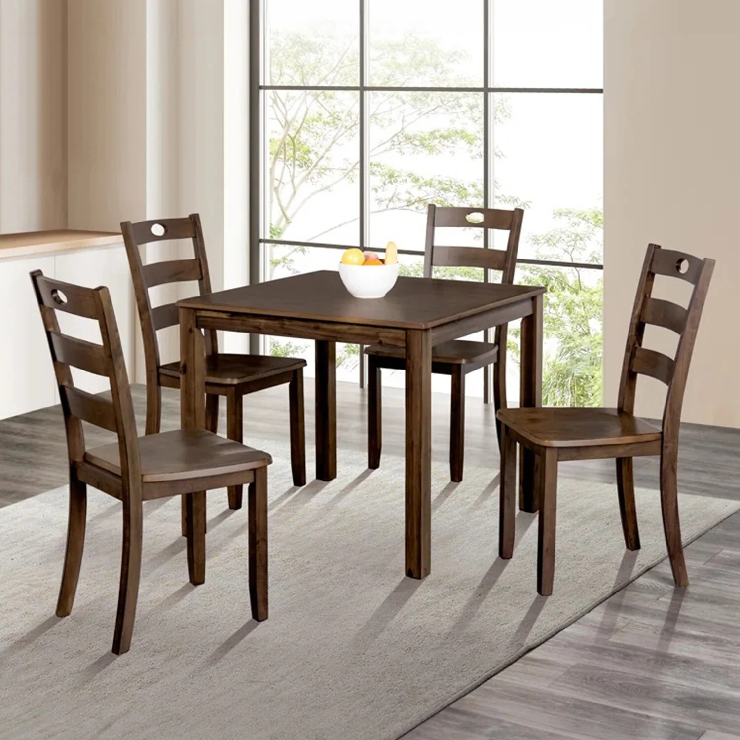 5 Piece Square Dining Set with Slat Back Chair in Walnut