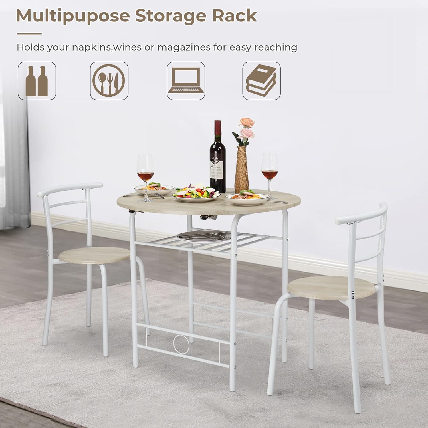 VINGLI 31.5 Drop Leaf Dining Table Set for 2, 3 Pieces Dining Table with Chair for Small Space, Small Kitchen Extendable Folding Dining Table for Dining Room，Home, Apartment, Saving Places, White Oak