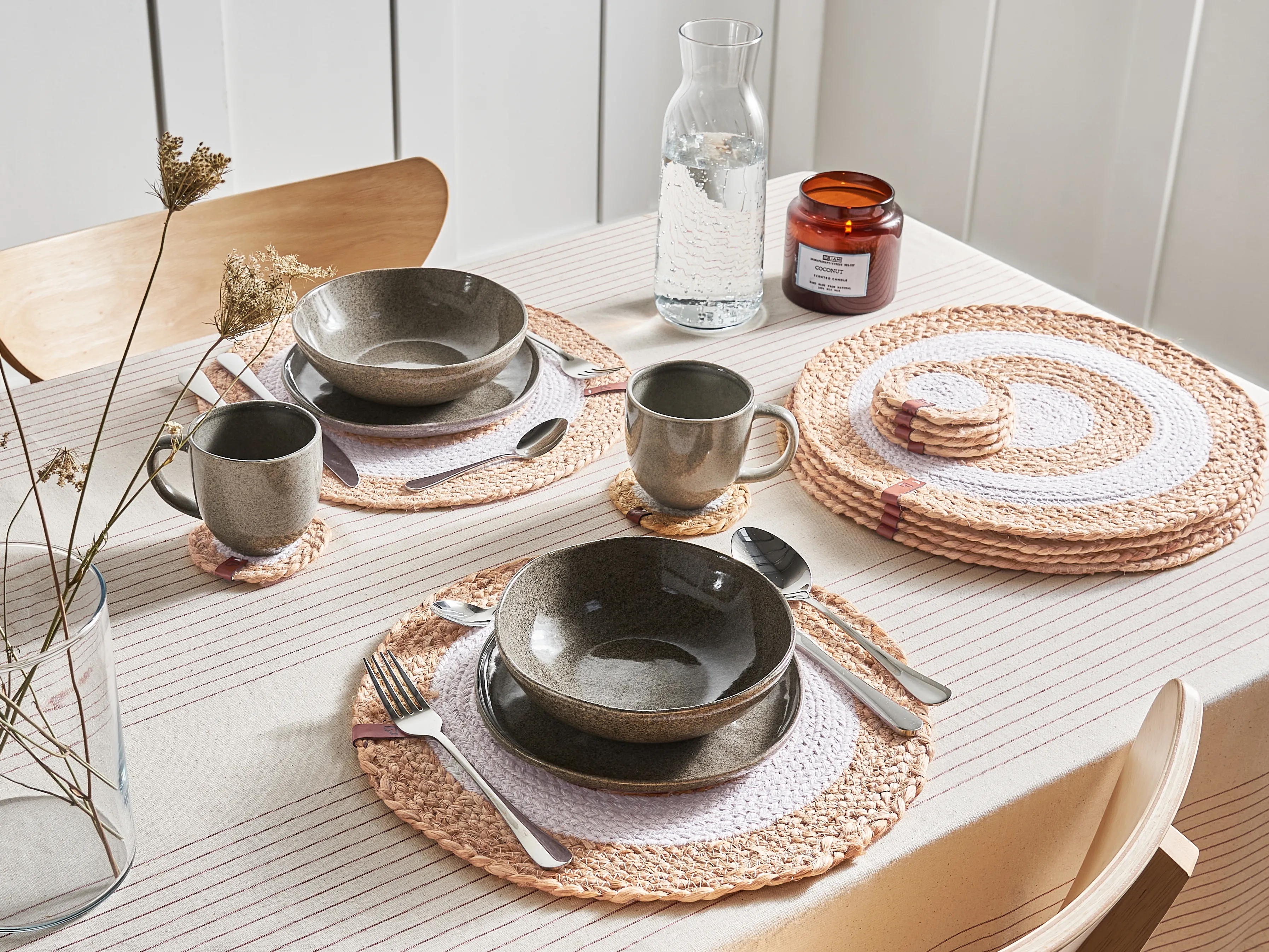 12 Piece Placemats and Coasters Set TUMERIC Jute Natural