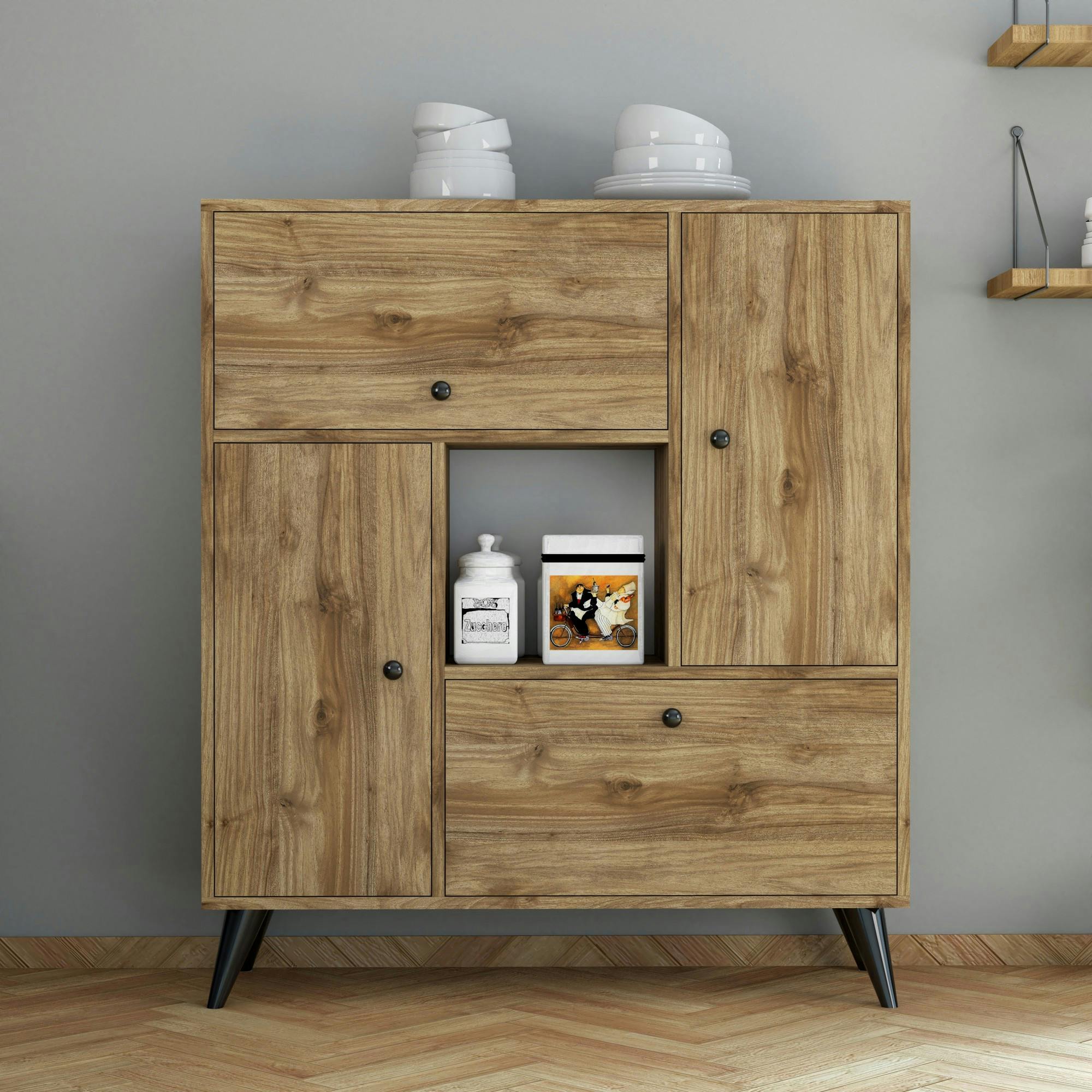 Buffet haut moderne 4 portes niche centrale, effet noyer JENA