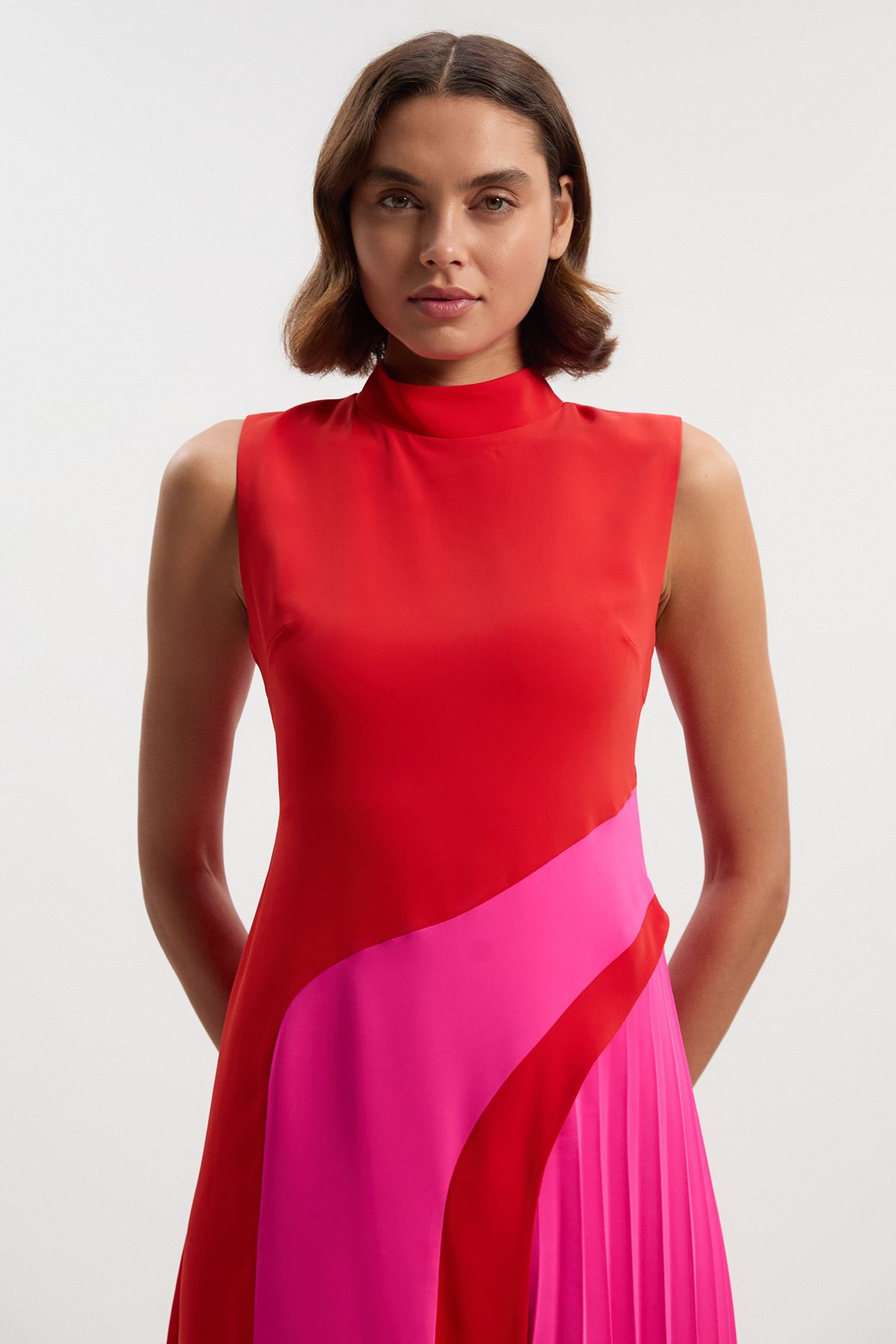 KarenMillen Soft Tailored Colour Block High Neck Pleated Midi Dress