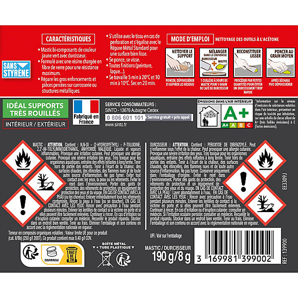 Mastic polyester armé Sintofer boîte de 170 ml