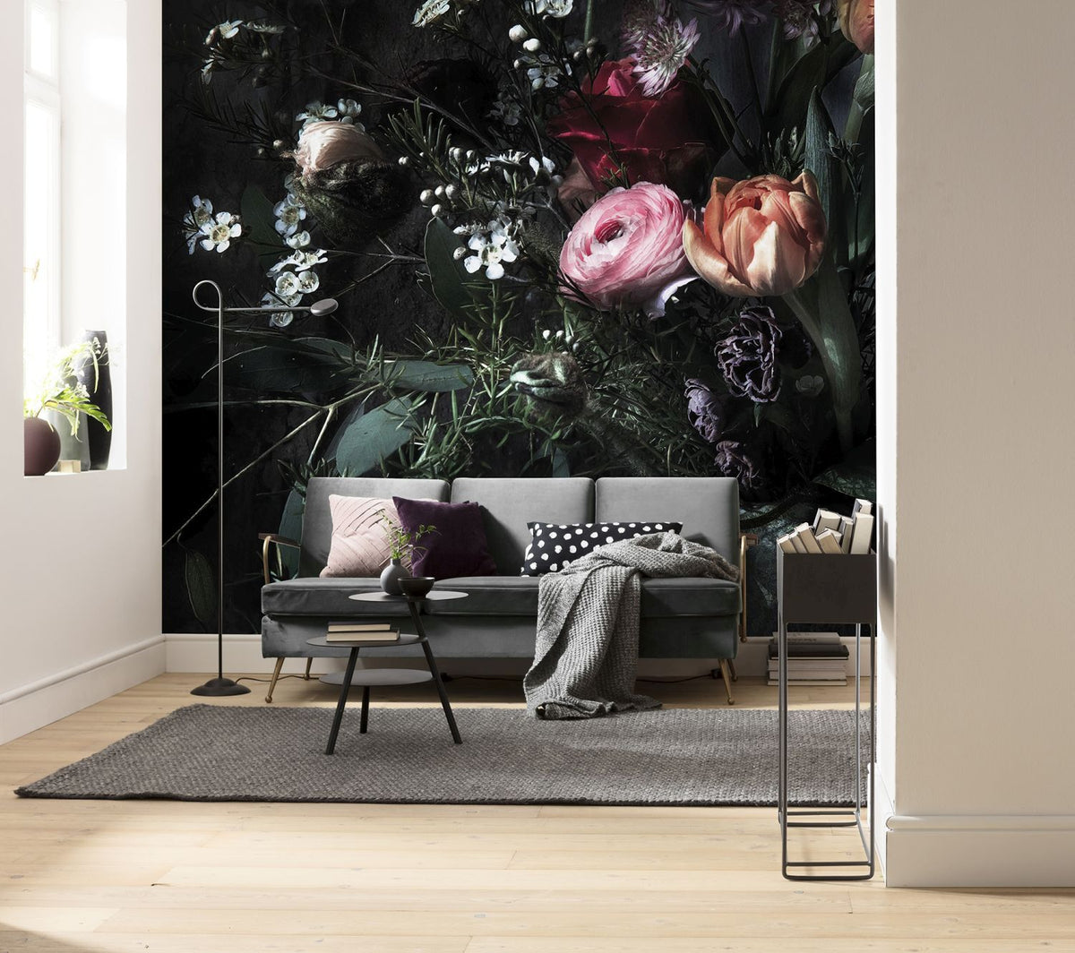 Sanders & Sanders fotobehang bloemen multicolor op zwart - 368 x 254 cm - 612142