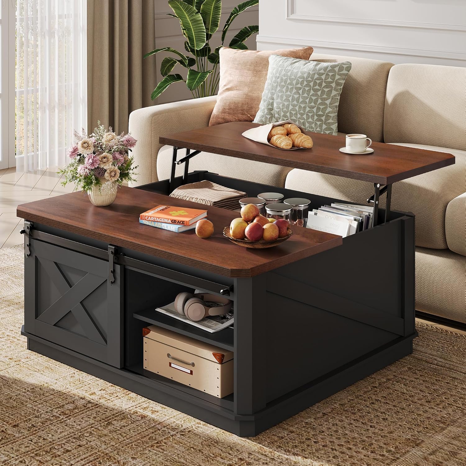 WLIVE Framhouse Coffee Table with Storage, 35.5 Lift Top Coffee Table for Living Room, Square Center Table, Rustic Cocktail Table with Sliding Barn Doors, Curevd Base, Black