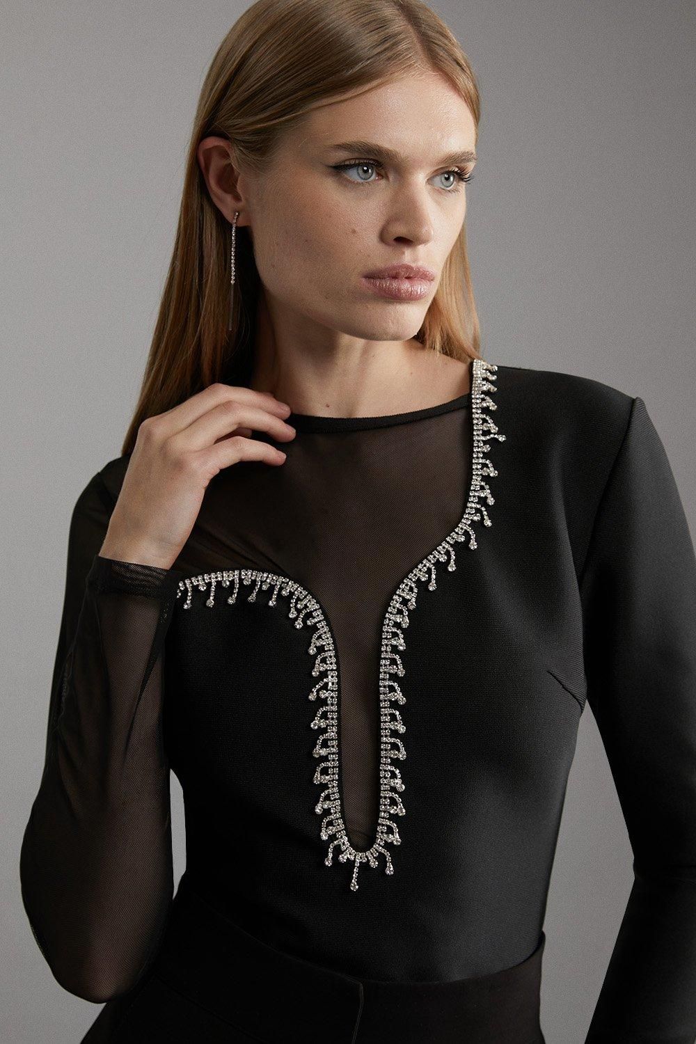 KarenMillen Figure Form Bandage Mesh Detail Embellished Knit Top