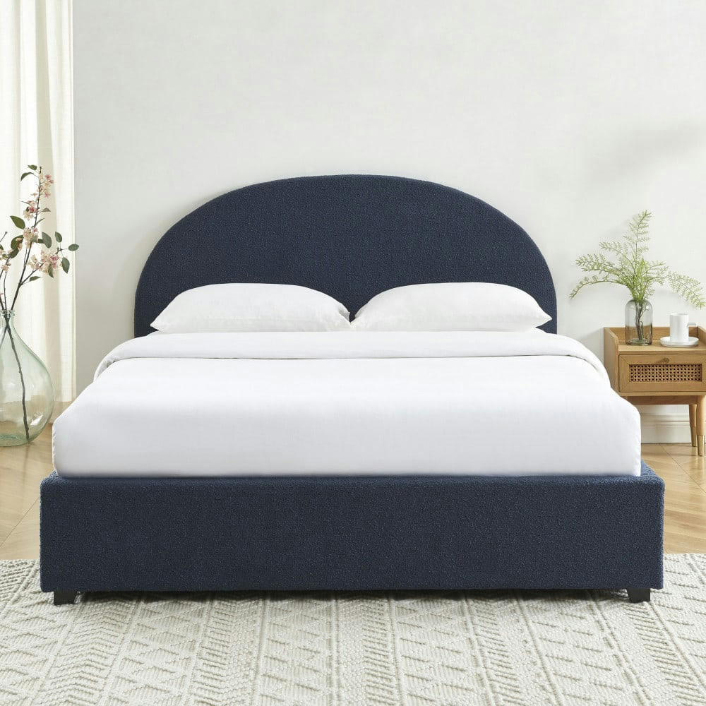 MERLE - Lit coffre en tissu bouclette 160x200cm bleu foncé