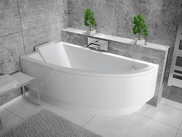 Baignoire asymétrique 140 x 70 Gauche PRAKTIKA acrylique blanc   Habillage en polystyrène   Pieds   Vidage à chromé