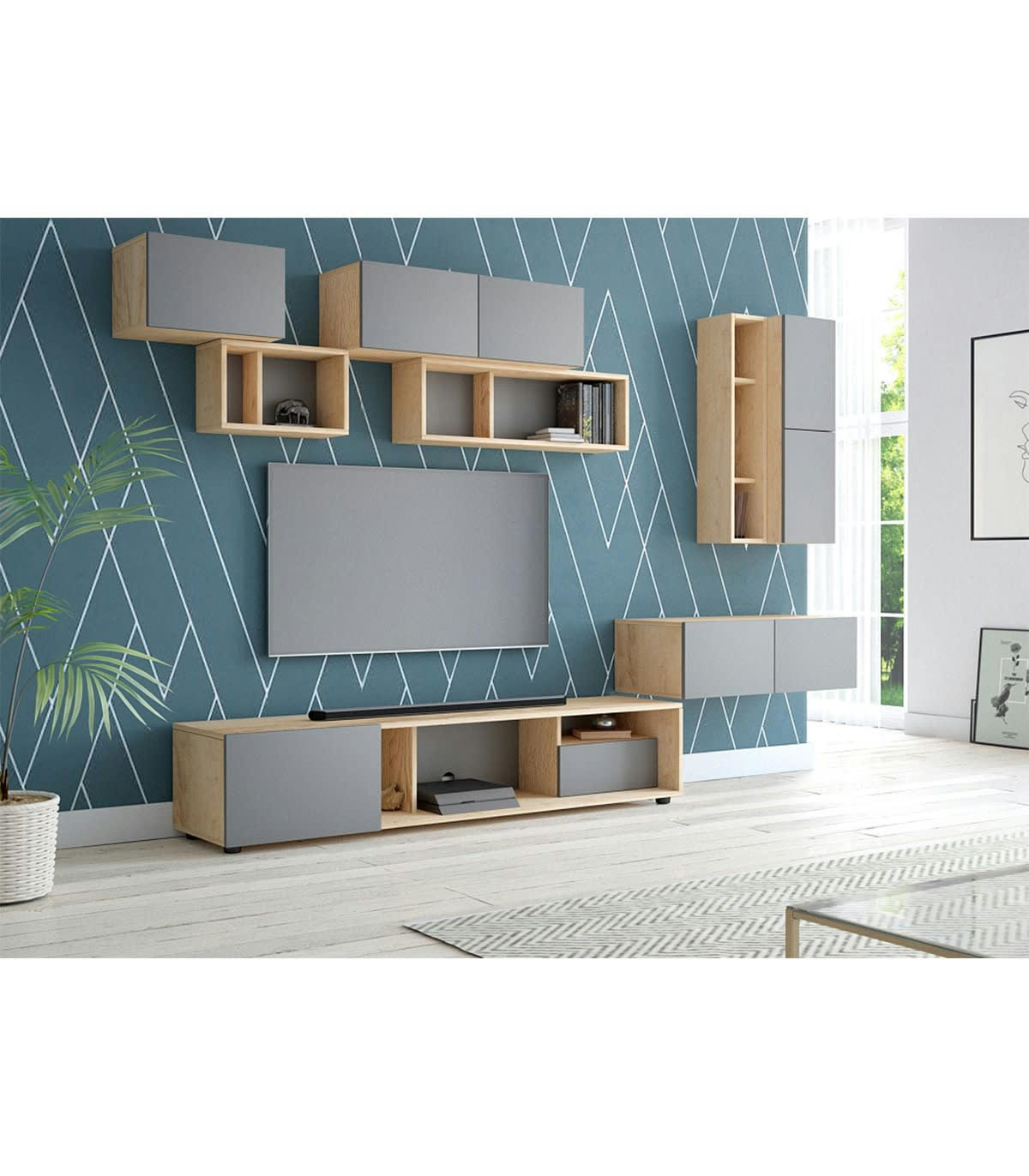 BARCELONA - Lot de 2 Étagères Murales L80 cm - Décor Chêne et Gris