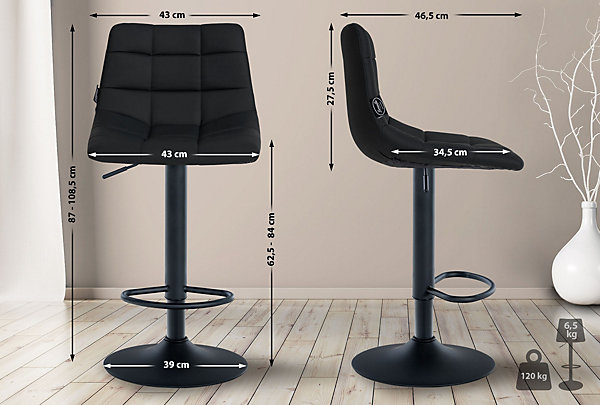 Lot de 2 tabourets de bar Jerry similicuir, chaise de bar réglable en hauteur, pivotante à 360 avec dossier. Noir/Noir