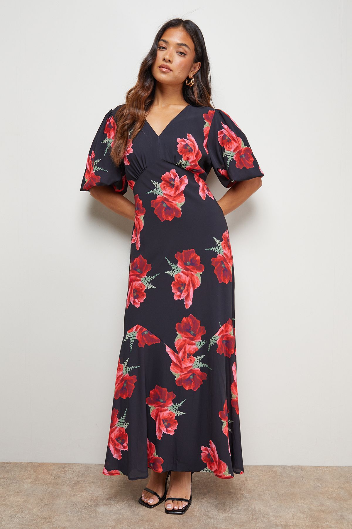 Oasis Petite Printed Chiffon Puff Sleeve Fishtail Midaxi Dress