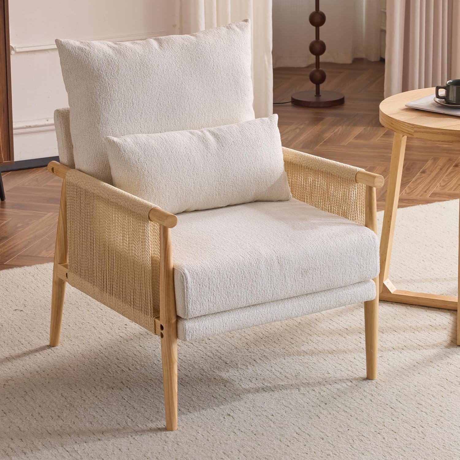 Karl home Cozy Chenille Accent Chair with Lumbar Pillow & Rattan Arms Modern Lounge Chair for Living Room, Bedroom, Reading Nook, Beige