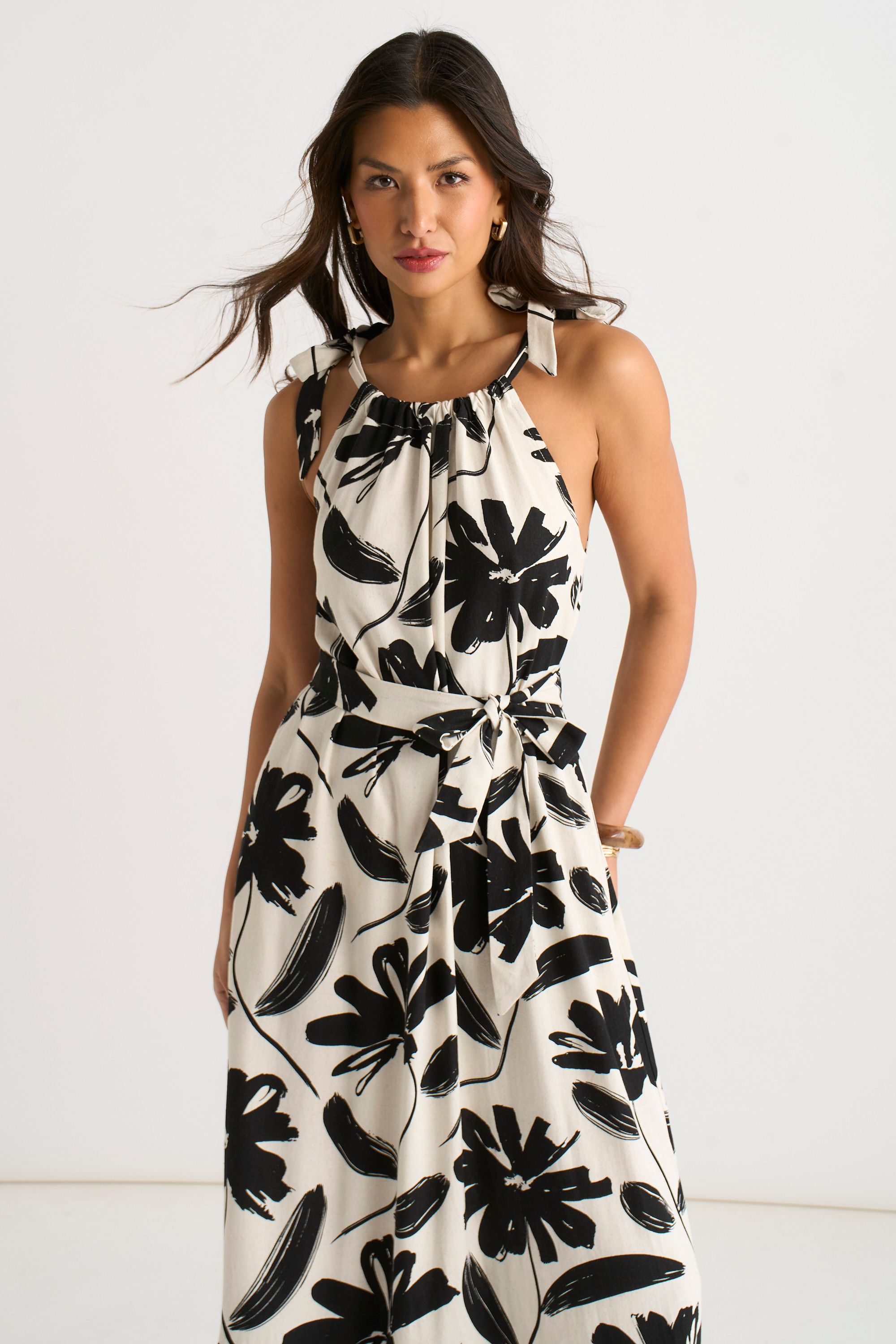 Gini London Mono Stencil Linen Mix Belted Trapeze Dress