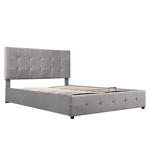Lit adulte lit 140x200 cm lit rembourré hydraulique lit de rangement lit double velours gris