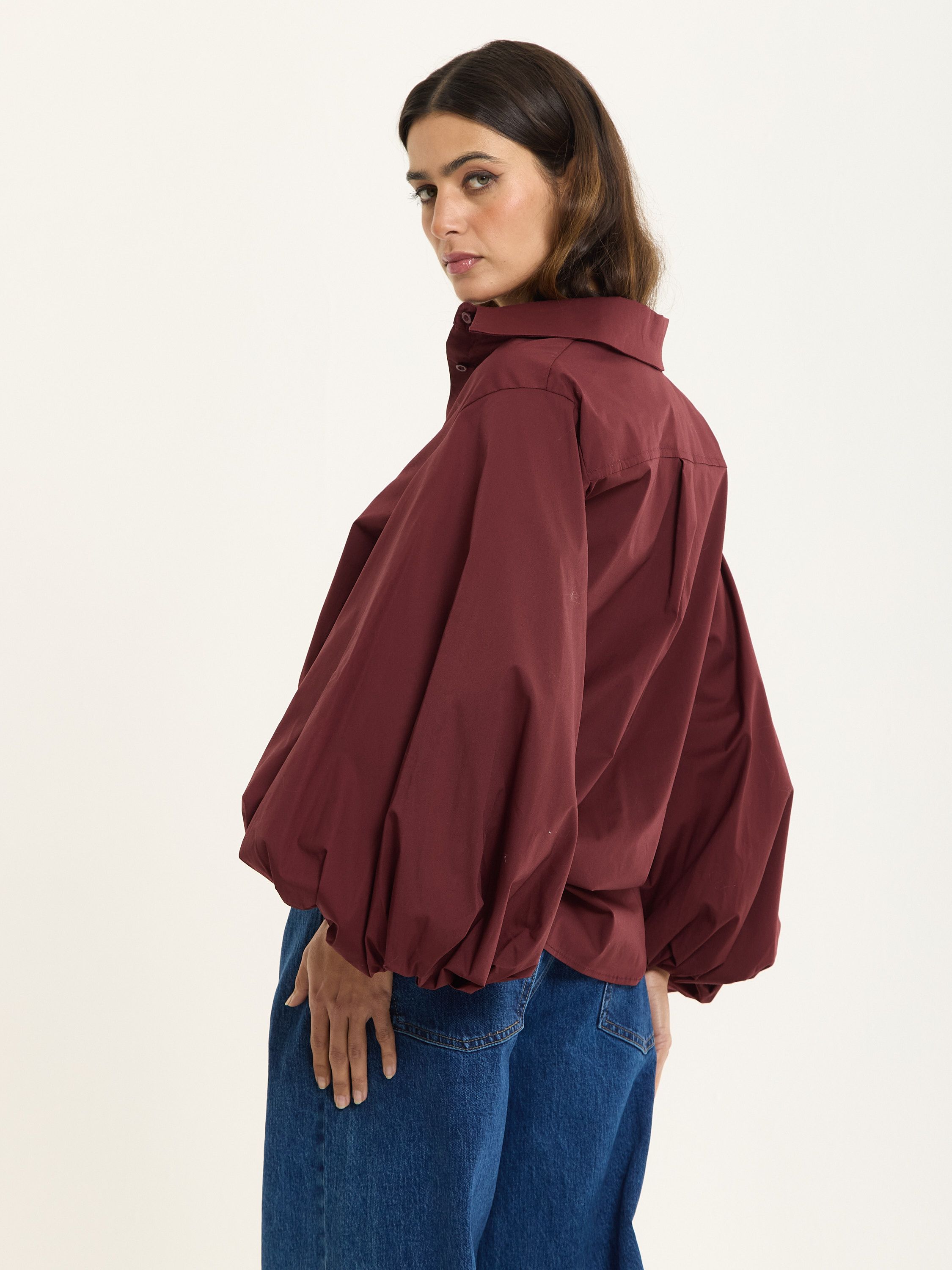 House of Holland Burgundy Volume Sleeve Cotton Shirt