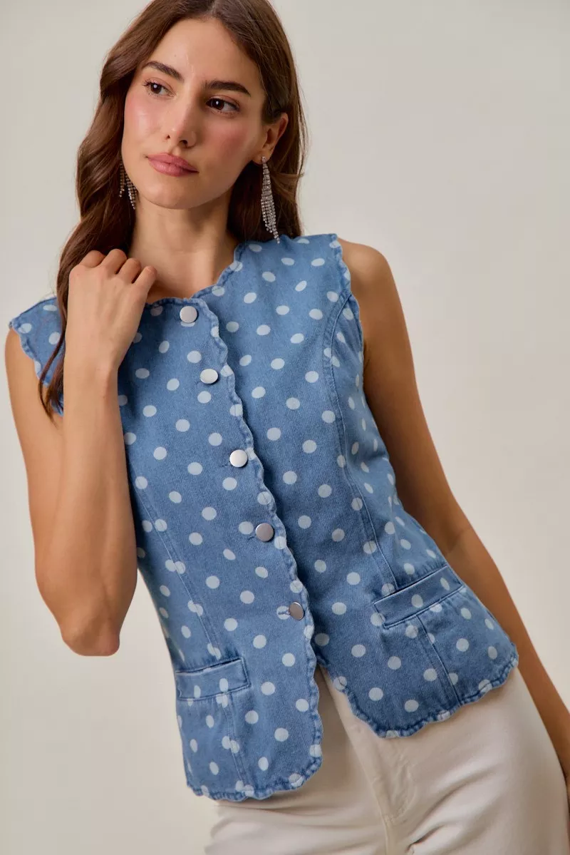 Polka Dot Denim Scallop Edge Button Down Vest Top