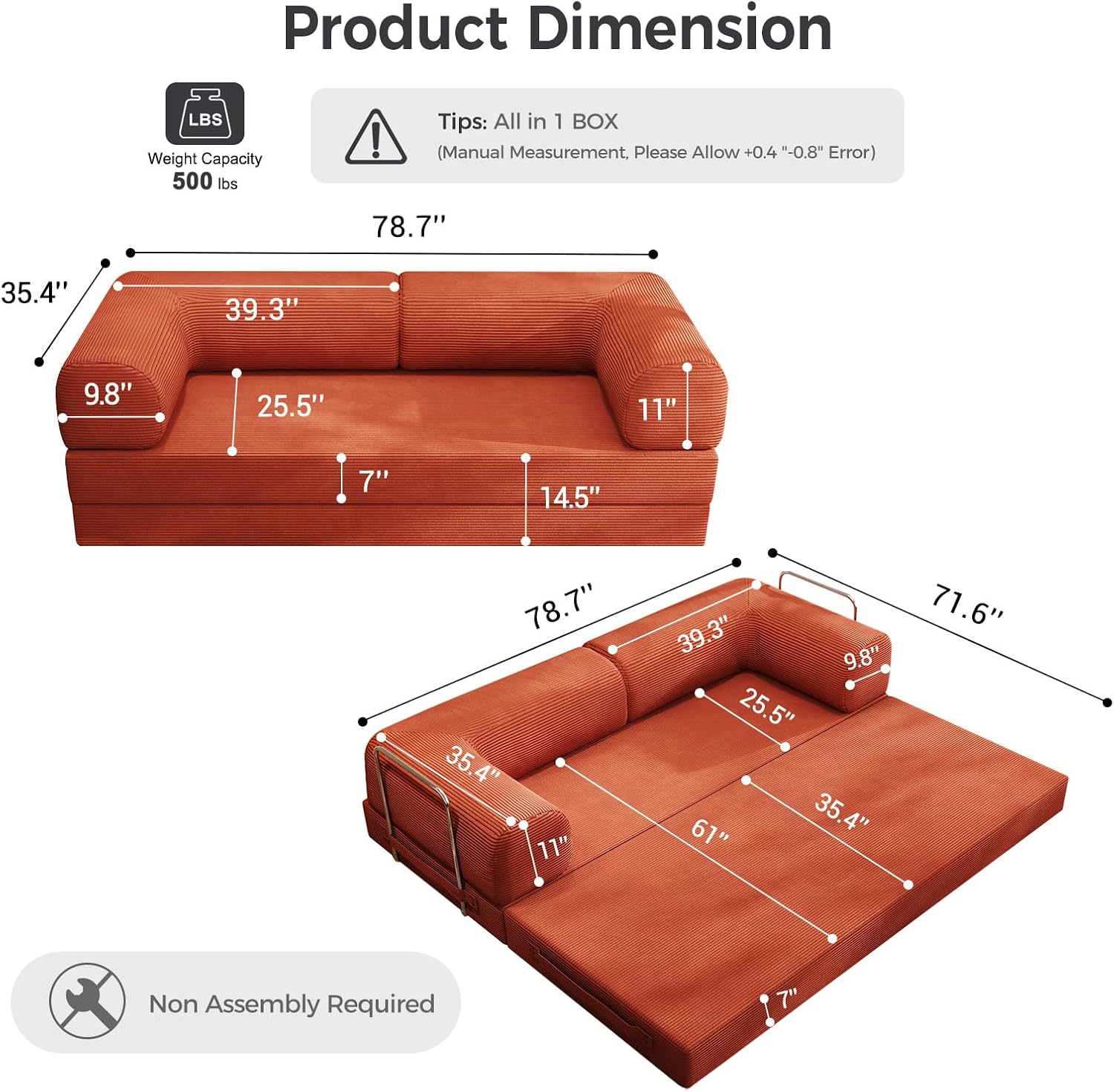 Folding Sofa Bed, Convertible Sleeper Couch, 78 Inch Oversized Corduroy Upholstered Boneless Couch, Loveseat Sleeper with Pull Out Bed, Floor Sofa Modular Futon Couch for Living Room Bedroom