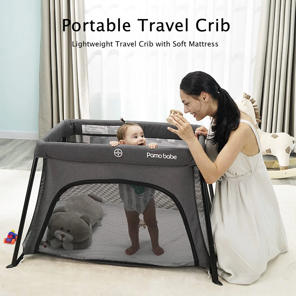 Travel Crib, Portable Crib for Baby Travel, Lightweight Travel Crib Foldable Playpen with Soft Mattress, Carry Bag