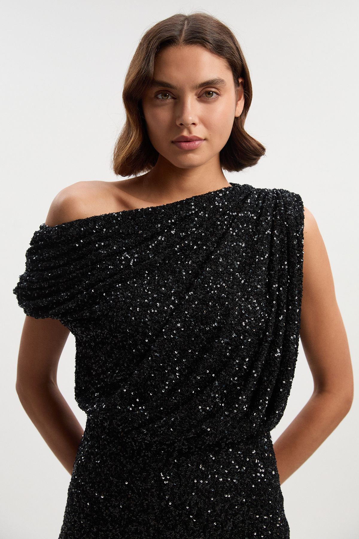 KarenMillen Draped One Shoulder Jersey Stretch Sequin Mini Dress