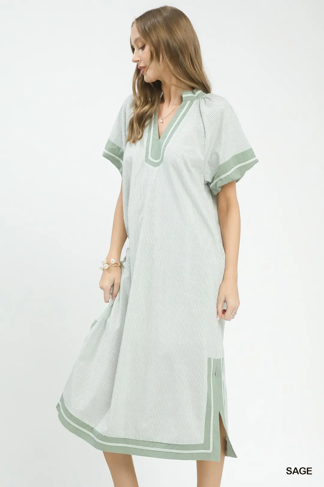 Pinstripe Contrast Trim Midi Dress
