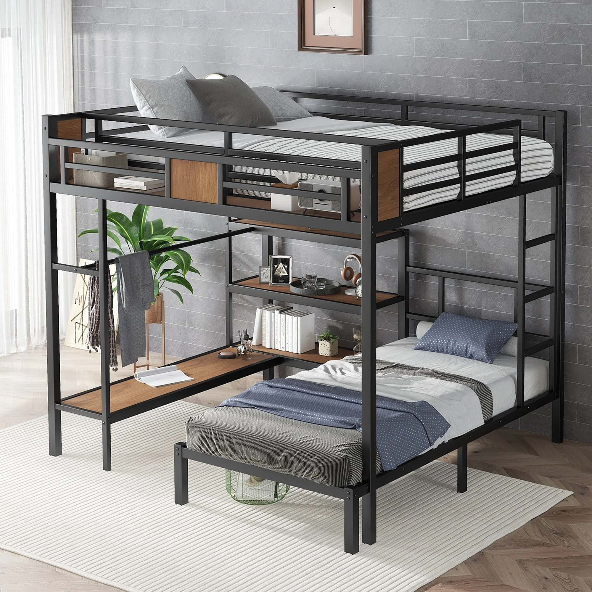 Queen Over Twin Metal Bunk Bed with Shelves and Hangers, Storage on Top Bunk, Space-Saving Design