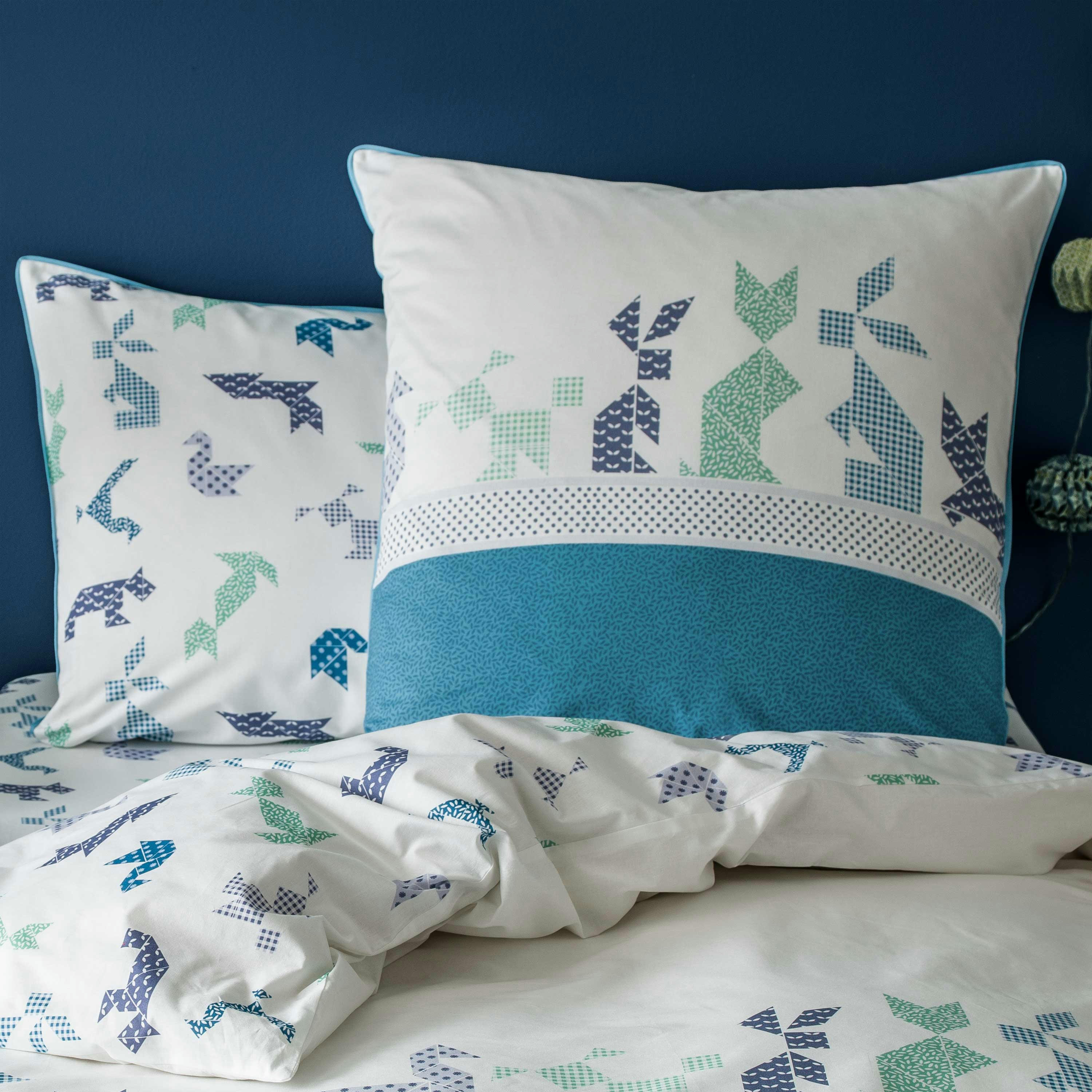 ORIGAMI - Housse de couette imprimée en coton  140x200cm Blanc-bleu