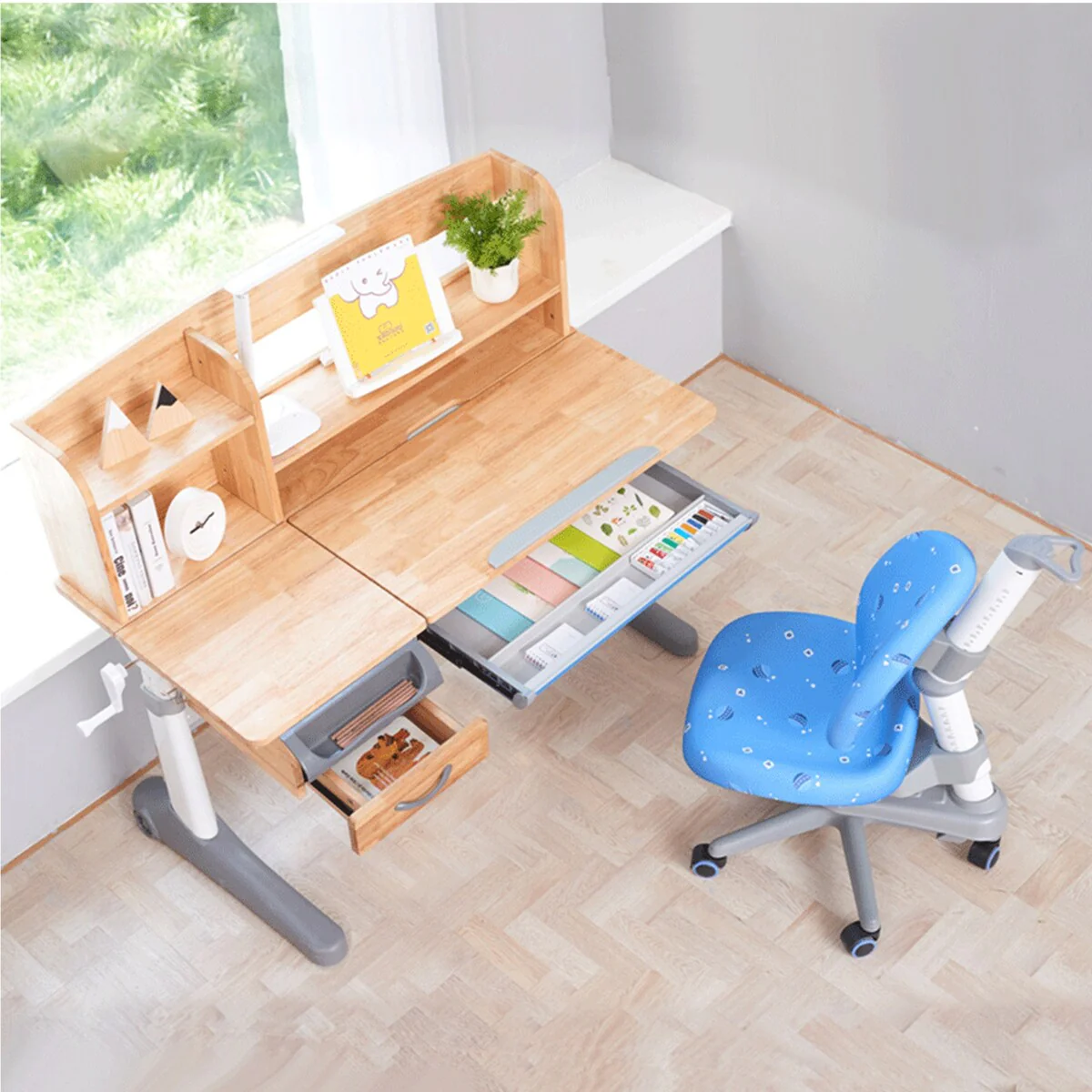 Wood Height Adjustable Kids Writing Desk With Tilt Desktop 47 W