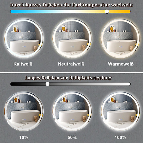 NETTLIFE Miroir lumineux salle de bain - Rond 80 cm LED, IP44, interrupteur tactile, antibuée, réglable 3000K-6500K