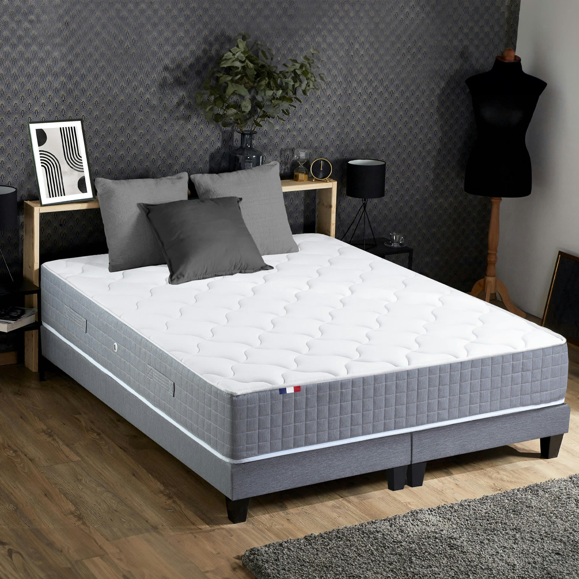 ENSEMBLE MAX - Ensemble matelas ressort 7 zones sommier gris 180x200