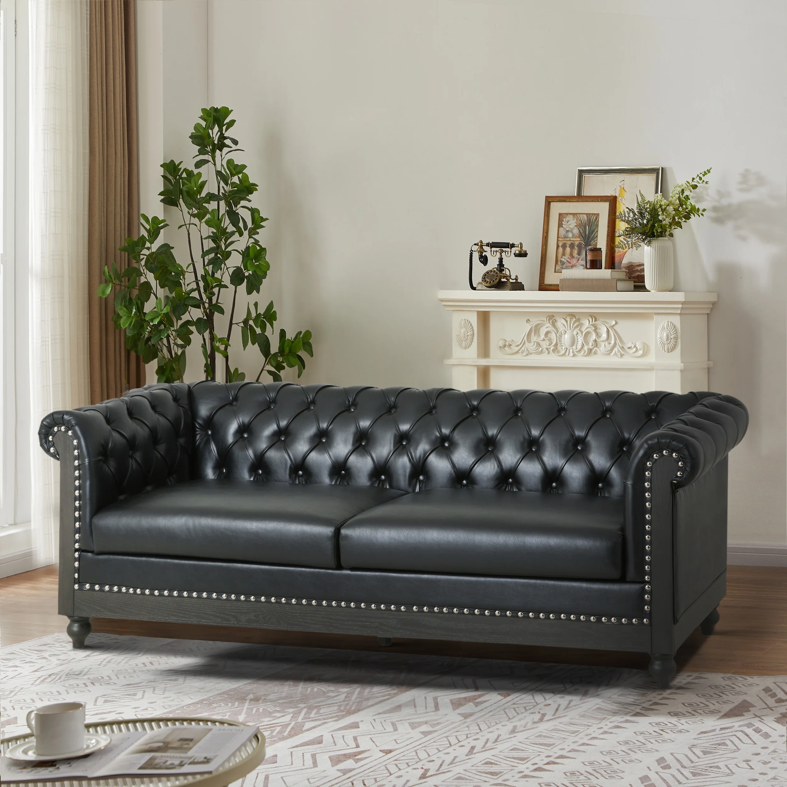 78.75 Retro PU 3-Seater Sofa with Wooden Legs