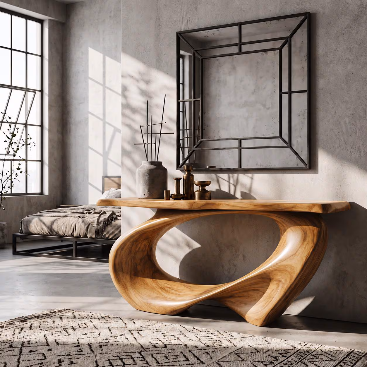 Solid Wood Oval Loop Console Table, Sculptural Modern Entryway Furniture