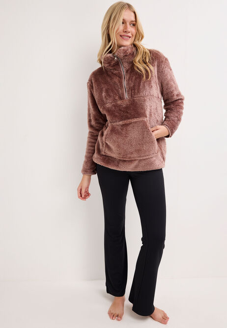 Womens Mocha Brown Zip Neck Fleece Top