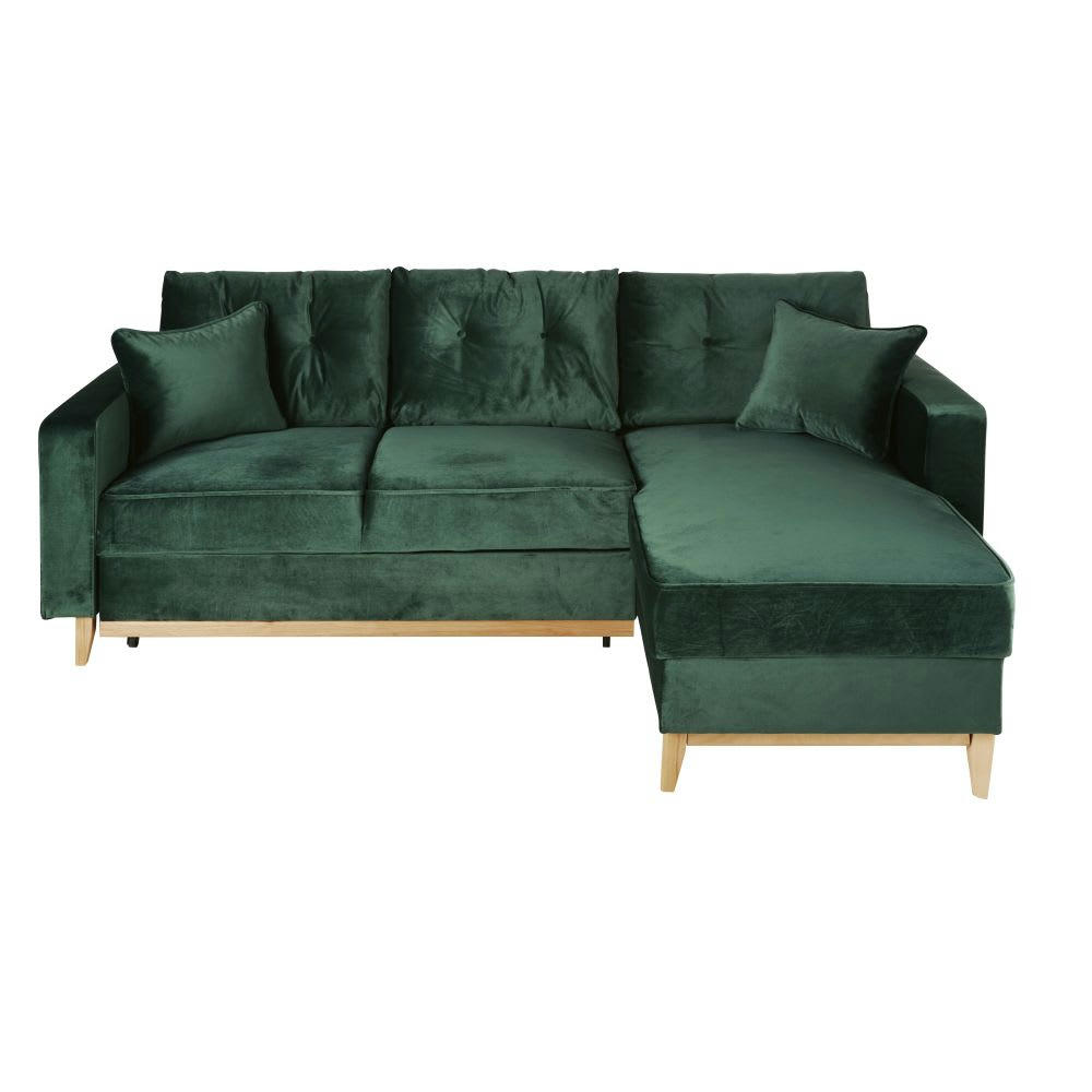 Brooke - Canapé d'angle convertible style scandinave 4/5 places en velours vert