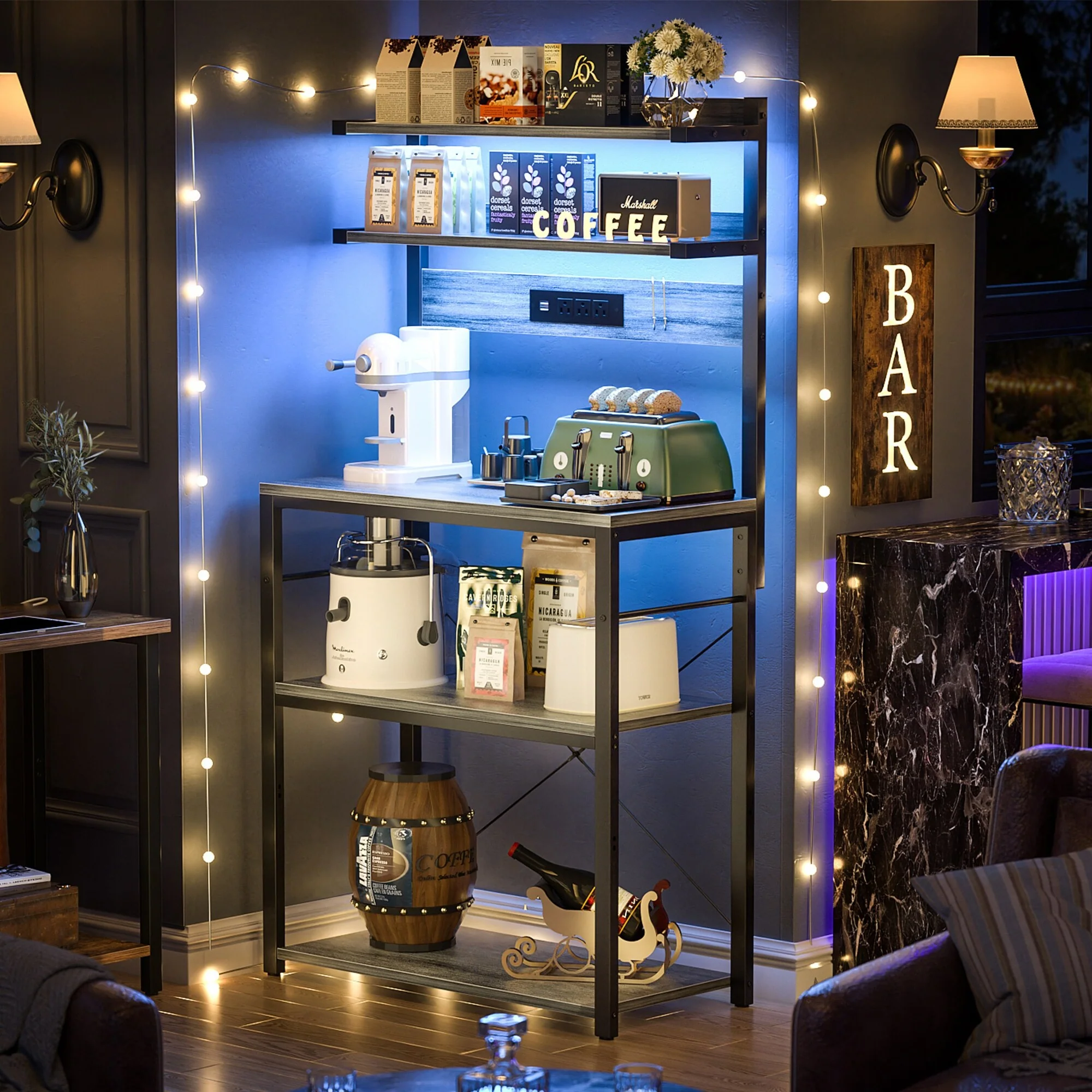 Bakers Rack Kitchen Storage Shelf with Power Outlets and RGB LED Lights,5 Tiers Coffee Bar Station,Microwave Stand