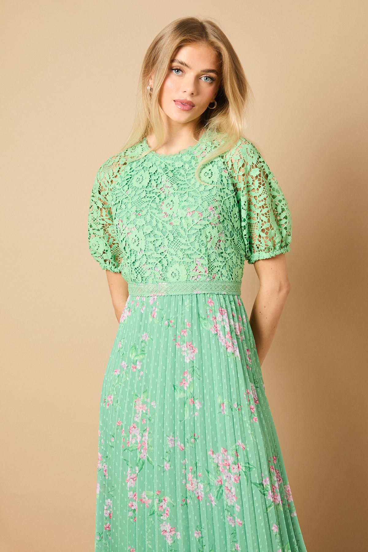 Oasis Occasion Floral Lace Bodice Pleated Midi Dress