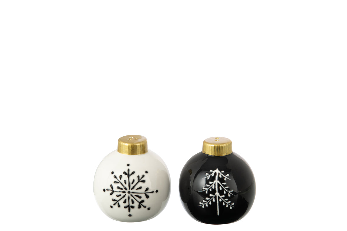 J-Line peper en zoutmolen set Kerstmis Bal Rond Dolomiet - keramiek - zwart/wit - 2 stuls