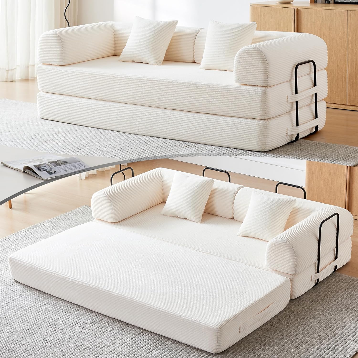 Convertible Folding Couch, 5-in-1 Futon Sofa with Armrests, Convertible Sleeper Sofa Bed Comfy Fold Out Bed for Living Room, Bedroom,Guest, Office, No Assembly Sofa for Small Spaces(Beige White)