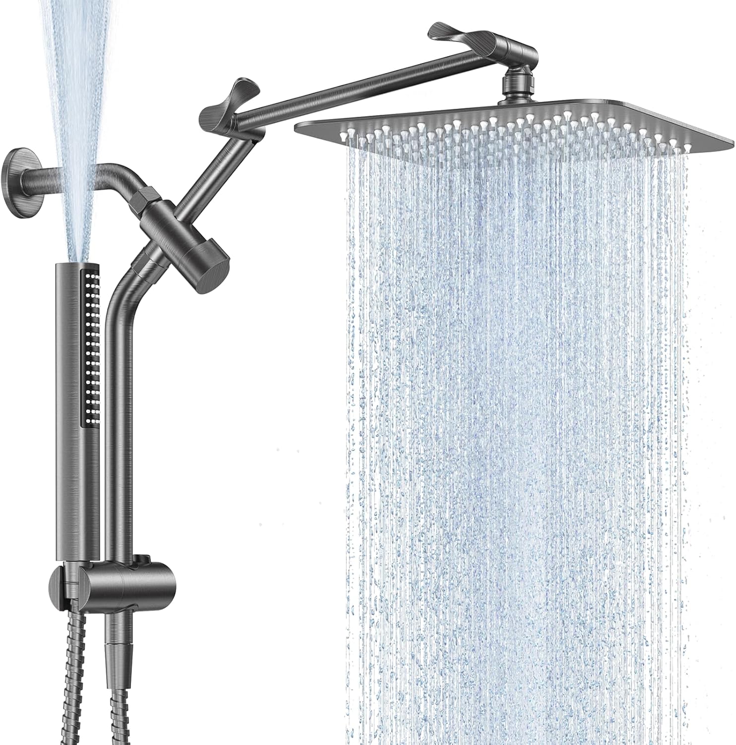Veken All Metal 10 Gunmetal Gray Shower Head with Handheld, Luxurious Square Double Rain Shower Heads with Spray Combo, Dual High Pressure Detachable Rainfall Showerhead with Extension Arm, Long Hose