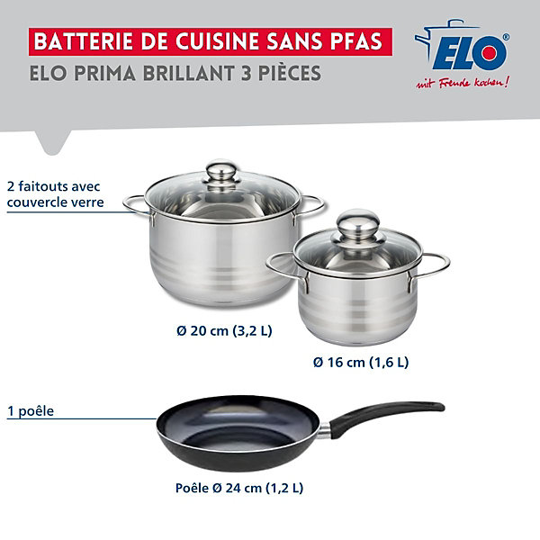 Ensemble de 1 Poêle de cuisson 24 cm et 2 faitouts 16 et 20 cm Elo Prima Brillant