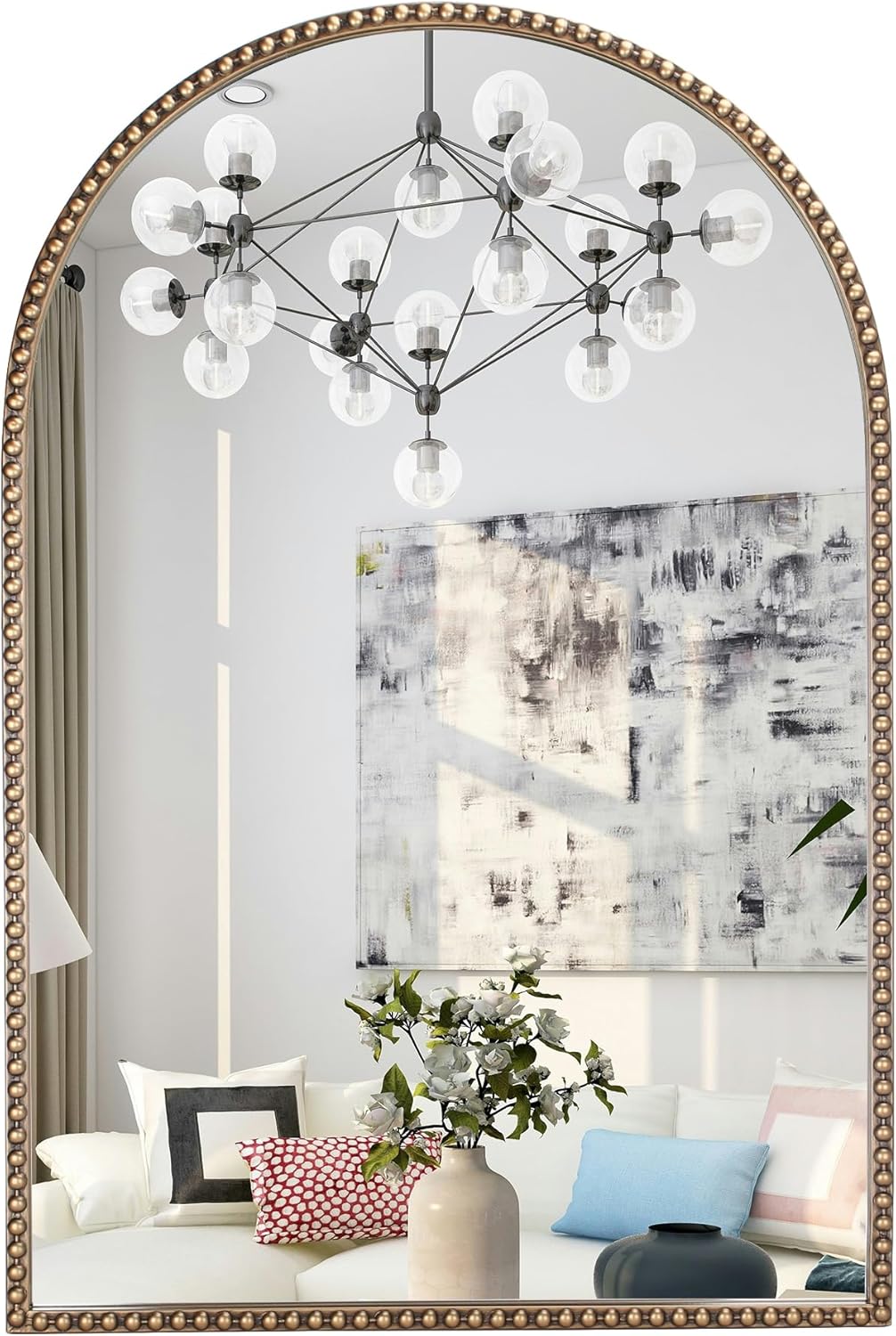 Antique Gold Arched Wall Mirror 20x30, Ornate Beaded Metal Frame Bathroom Mirror, Vintage Decorative Wall Mirror for Bedroom, Living Room, Entryway, or Vanity Décor