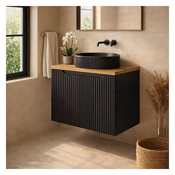 Ensemble de salle de bain VANO 80cm : meuble sous vasque à placards noir mat rainuré et plan pour vasque aspect chene clair