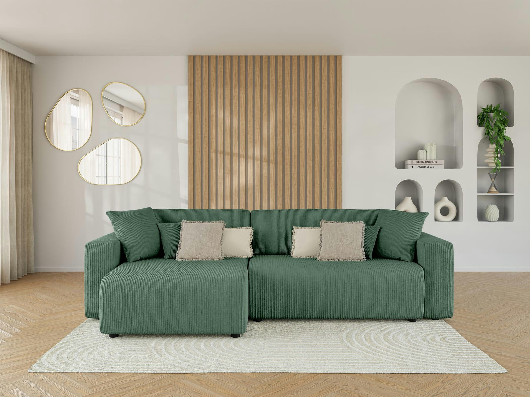 LEO - Canapé d'angle XL convertible en velours côtelé 5 places vert