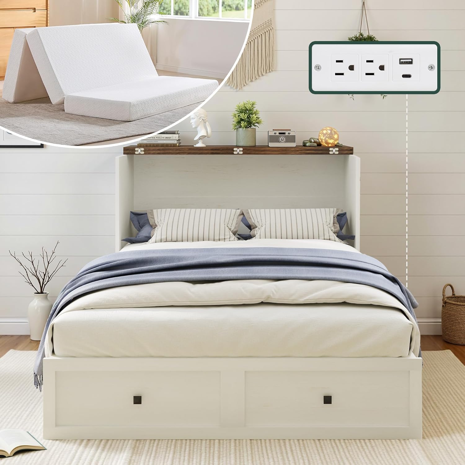 Queen Murphy Bed with 6 Tri-Fold Memory Foam Mattress, Storage Drawer & Charging Station, Space-Saving Design for Home Office or Guest Room, White