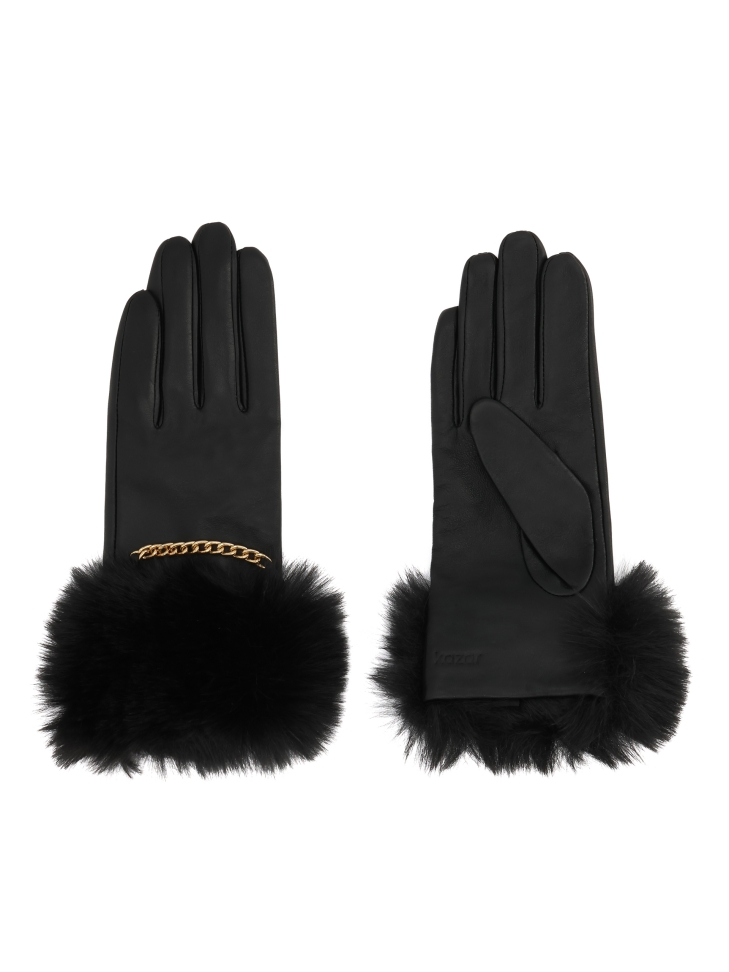 Leather gloves with fur and chain