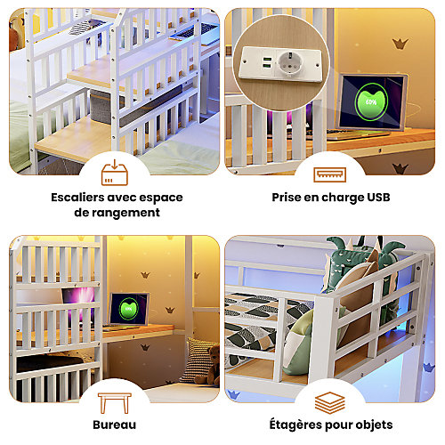 Lit superposé 90x200 cm - 3 couchages - avec LED - 2 ports USB   1 prise électrique - avec bureau - blanc (matelas non inclus)