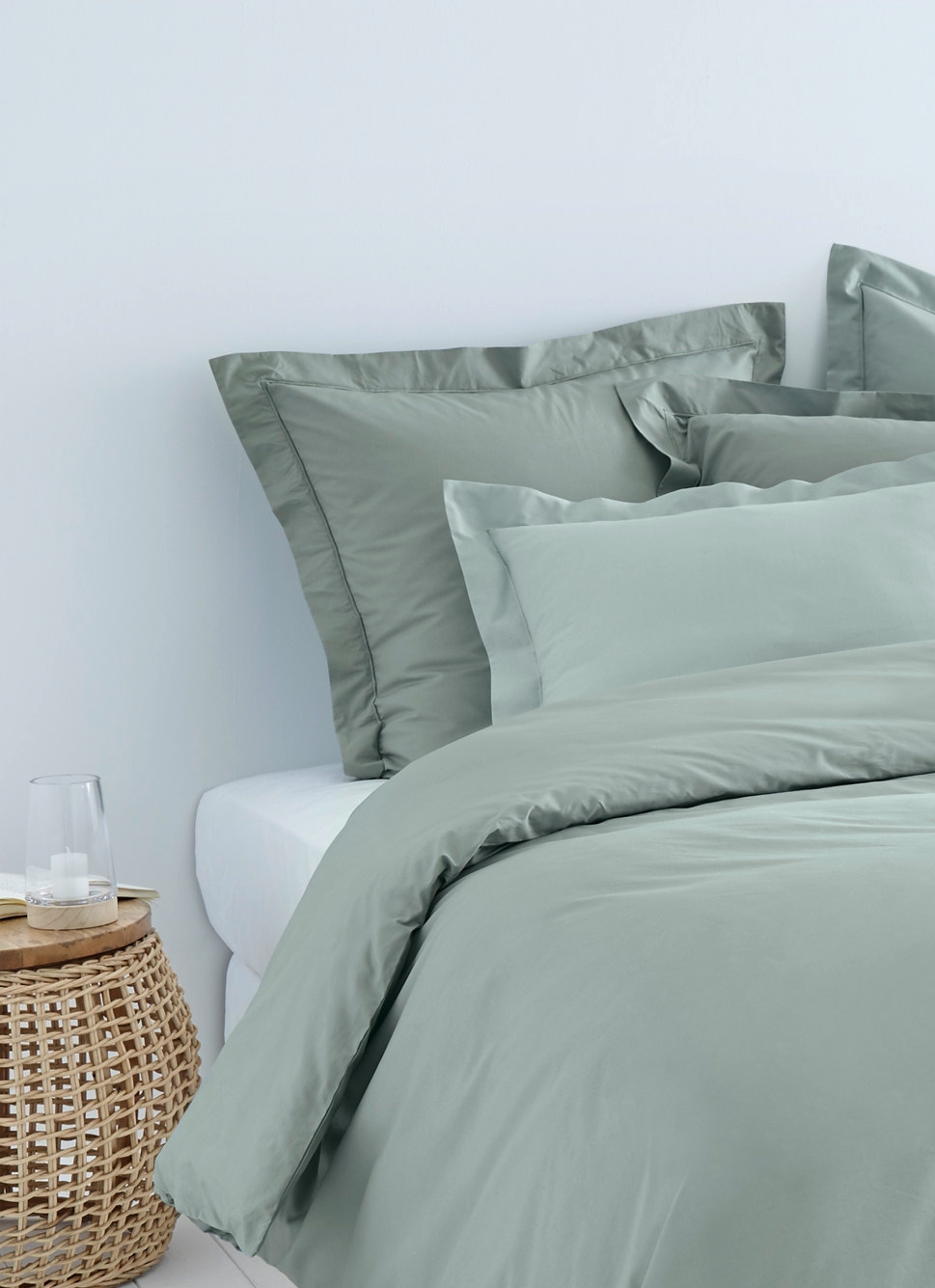 HOUSSE DE COUETTE UNIE EN PERCALE DE COTON VERT DE GRIS