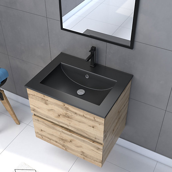 Ensemble sous vasque suspendu effet chêne industriel 2 tiroirs   vasque noire   1 miroir, l.60 cm, Galedo Timber